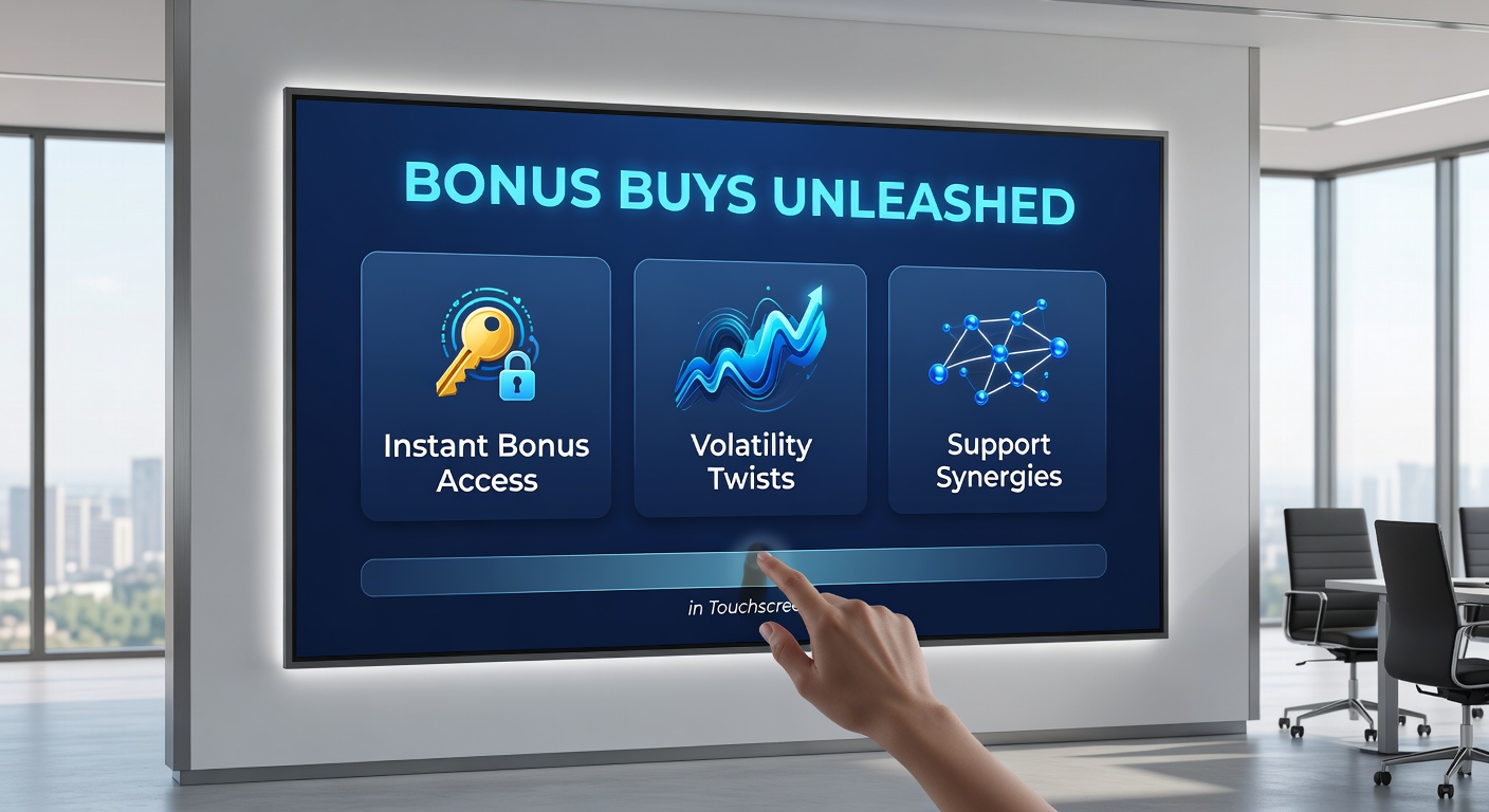 Close-up of a high-volatility bonus buy slot on a touchscreen, showing exploding symbols and massive multiplier builds during a volatility twist