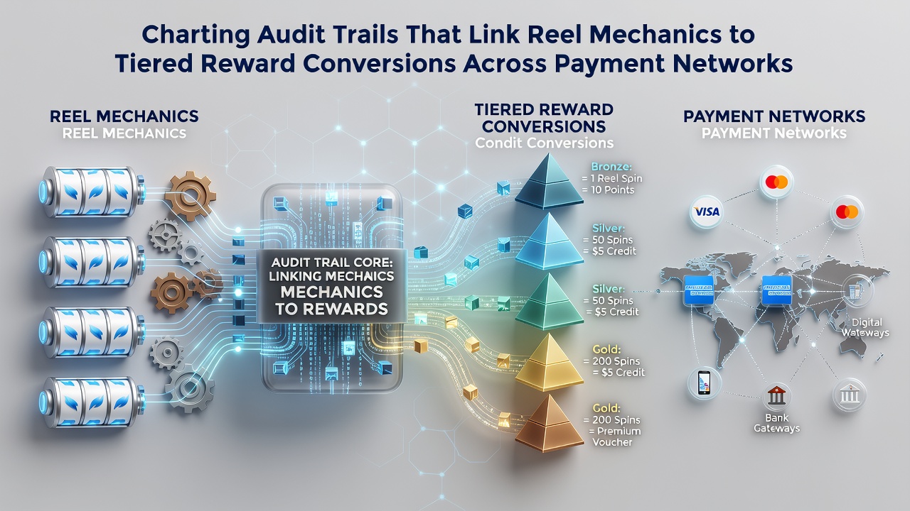 Flow diagram of reel data moving through tiered reward calculations into payment network settlements