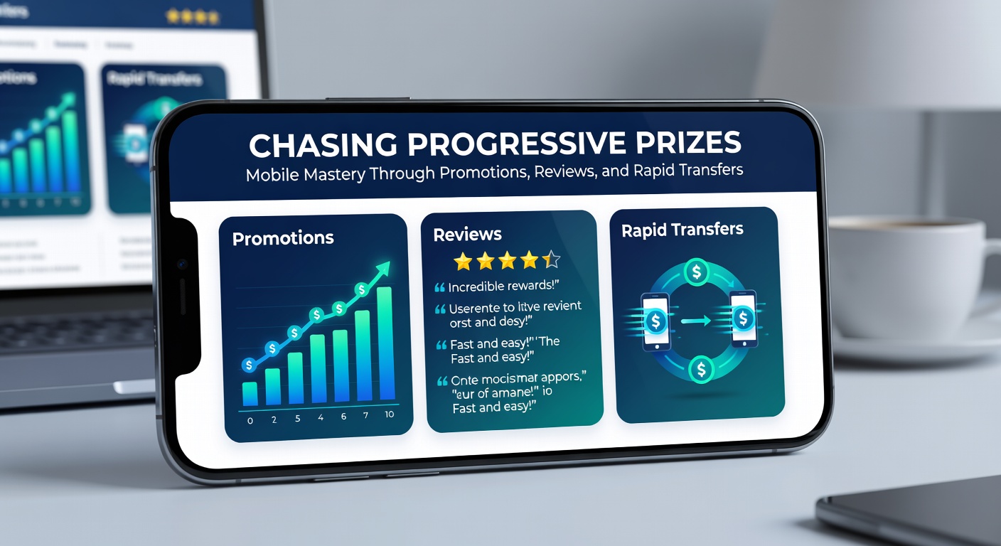 Smartphone interface showing rapid transfer options alongside a progressive slot review and promo code entry