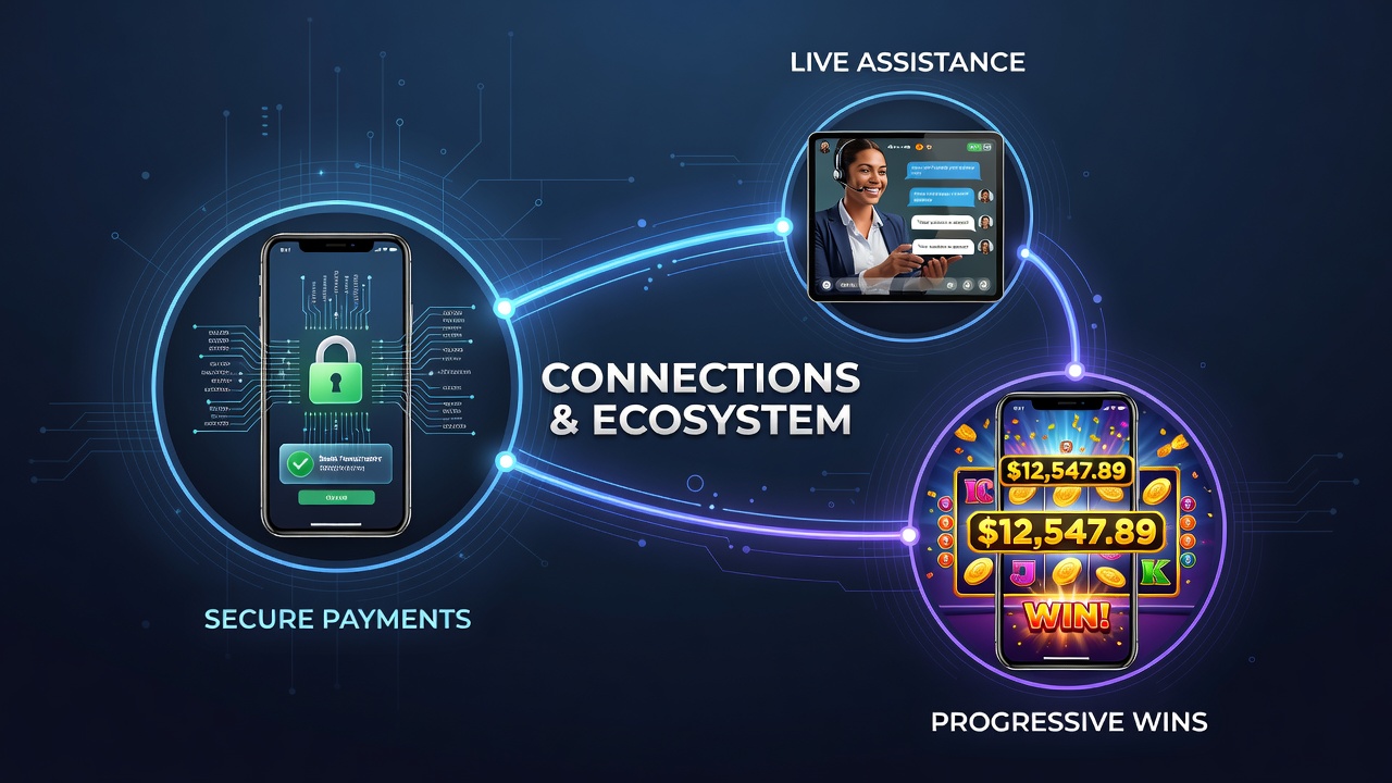 Mobile slot screen showing progressive jackpot counter alongside live chat window