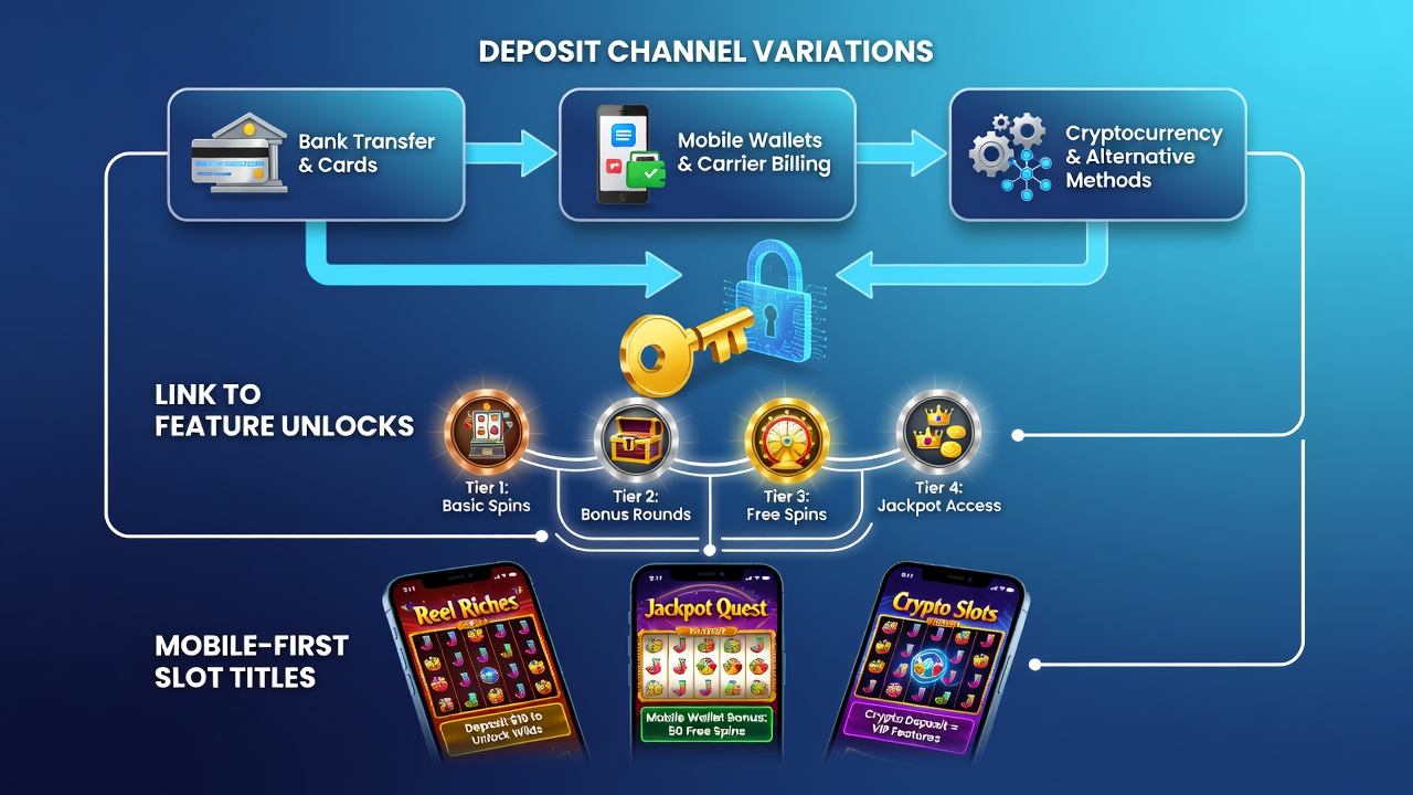 Infographic illustrating links between deposit methods and slot feature unlocks on mobile devices