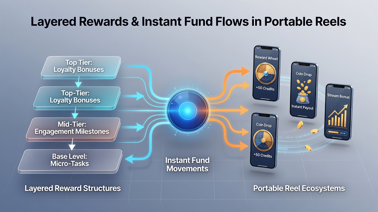 Dashboard view of mobile reel platform showing reward tier progression alongside transaction history
