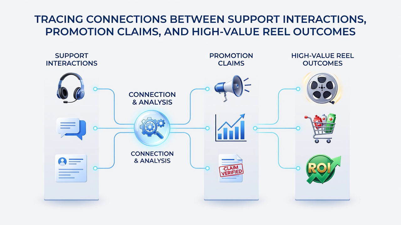 Analytics dashboard illustrating support ticket resolution linked to promotion redemptions and jackpot reel statistics